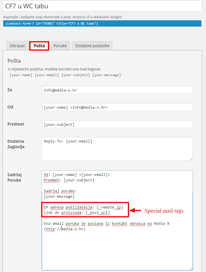 Special mail tags u kontakt formi
