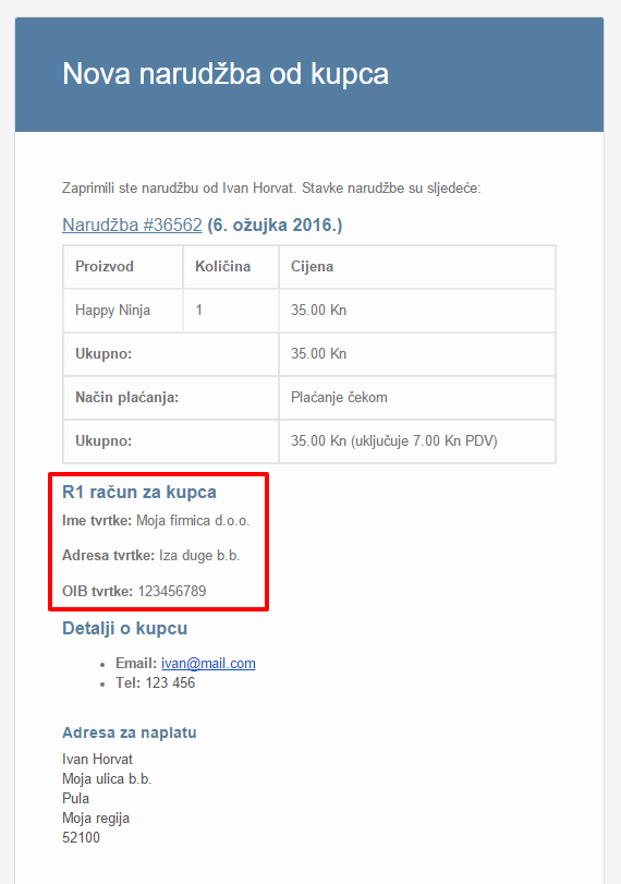 Email nove narudžbe s podacima za R1 račun